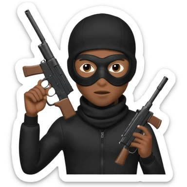 A young African male wearing a ski mask in full black clothing, holding a micro Draco gun in the air carelessly sticker