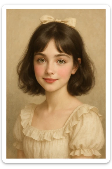 coquette girl with midi dark brown slightly wavy hair, bright skin, greenish hazel eyes, small cute lips, with a gentle smile and rosy cheeks sticker