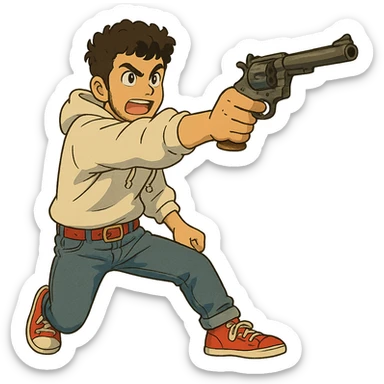 1 male, mid fade haircut dark chestnut brown curly hair, toasted lightskin, white hoodie sleeves up, fashion jeans, red fashion-sneakers shoes, red belt, short trimmed beard and goatee,  style of deku from "my hero academia", drawing a magnum revolver like dirty harry, twtich emote sticker