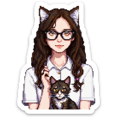 Cat-lady with dark brown hair, square glasses, hazel eyes, and pale skin sticker