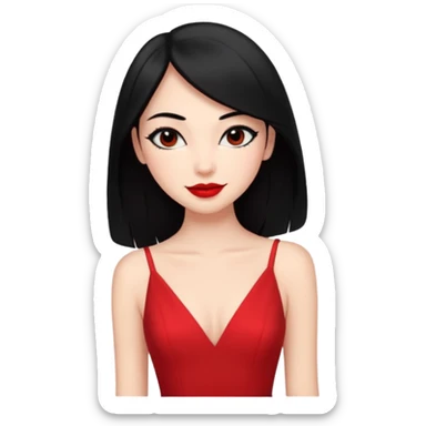 Chica súper joven y delgada con delineado con vestido rojo escotado en la espalda y pelo semi largo negro, con sonrisa coqueta sticker