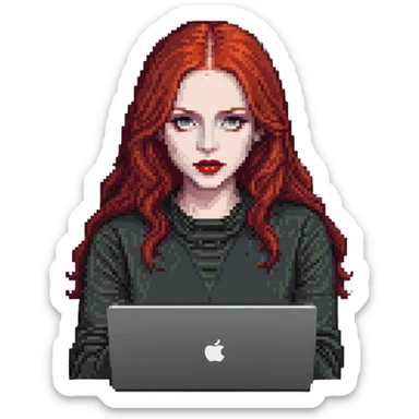 white-skinned red-haired woman with middle-parted red hair, red lipstick, using a MacBook sticker