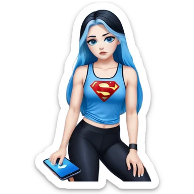 Shameful disappointed crying-very very very very big chest-texting on a samsung cell phone-very long straight flowing black to sky blue hair ombre-blue eyes-black eyeliner-long eyelashes-plastic sparkling sky blue very low cut tank top with sparkling superman logo-black leggings-nike sneakers sticker