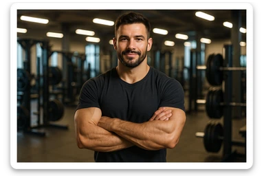 uomo sicuro di sè a braccia conserte, ben allenato e sereno, sullo sfondo una palestra sticker