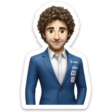 curly guy, Formula 1 pilot - Franco Colapinto. in a blue suit with the inscription Williams racing sticker