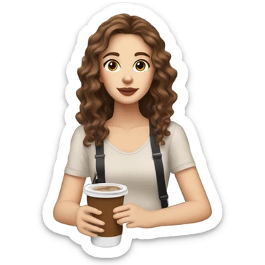 Full body aesthetic white girl with brown wavy hair and brown eyes sipping an iced americano in a cute coffee shop  sticker