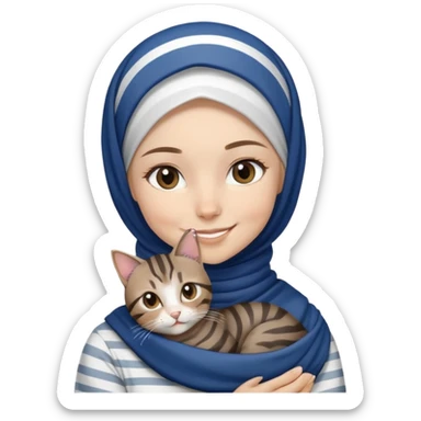 White girl wearing dark blue hijab with white shirt smiling while holding a black grey brown stripes tabby cat sticker