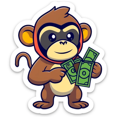sneaky monkey thief with a bandit mask and money bag sticker