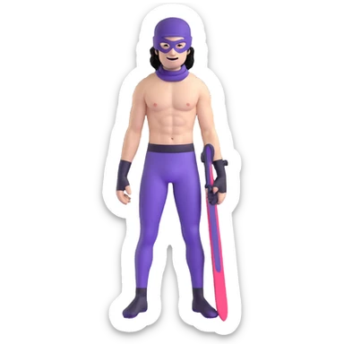 shirtless athletic man with white skin and black curly hair, wearing a purple ski mask sticker