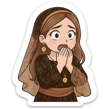 Kurdish cartoon sticker of the same woman in the new dress, scared or startled with wide eyes, hands up or covering mouth, no text, transparent background, chibi stickers style. sticker