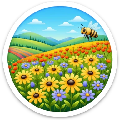 colorful field with wildflowers and a bee, bright and rounded sticker