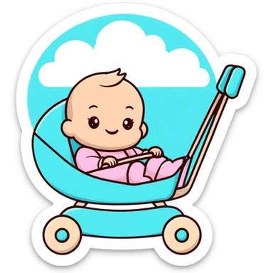 happy baby sitting in pink and beige stroller with pastel blue clouds decoration sticker