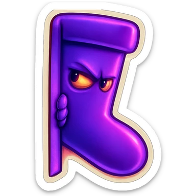 A neon-purple sock with a lurking face, peeking from behind a corner, representing lurking or sneaking. sticker