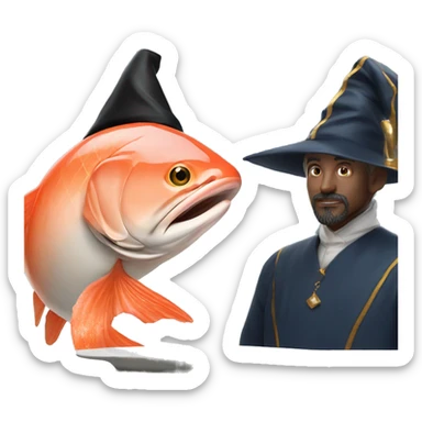 salmon on a plate in front of a wizard sticker