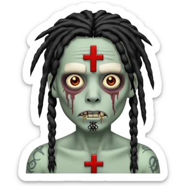 Zombie with black dreads with chinky eyes and a cross tattoo on right cheek sticker