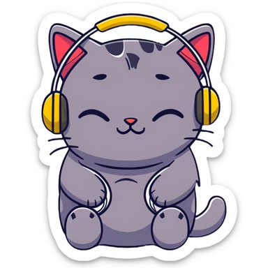 tired sad cat with a gun and headphones, cartoon sticker sticker