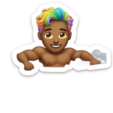 Posh-muscle-boy-with-pearl-necklace-and-rainbow-unicorn-hair-in-golden-bathtub sticker