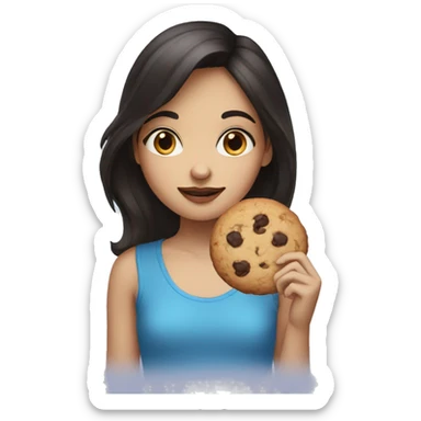 a girl with dark hair, a petite nose, blue eyes, and a cookie in her mouth sticker