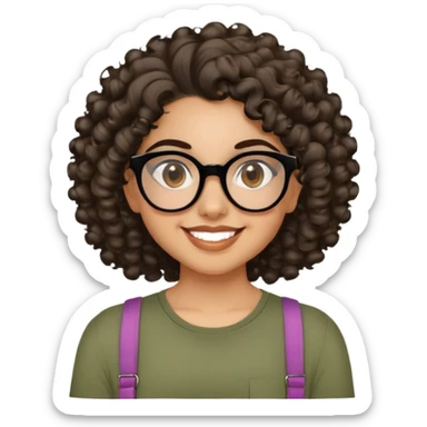Young Latina with light brown skin. Cheerful round face. Brown eyes behind black glasses. Thick natural eyebrows. Curly hair reaching shoulders, voluminous with defined curls. Big smile showing dimples. Wearing olive green shirt with wide straps. sticker