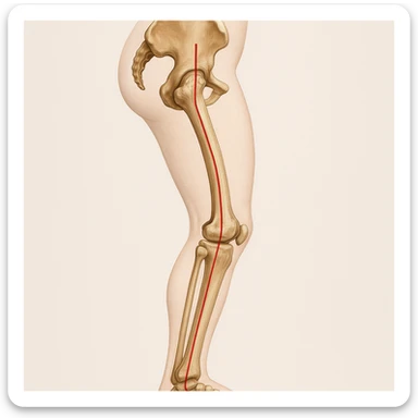 Hyperrealistic anatomical illustration 4K, rear view, 1:1 proportion, varus knee seen from the side, pelvis bones, femur, tibia, and fibula clearly highlighted, red mechanical axis line, realistic details, medical style, neutral background. sticker