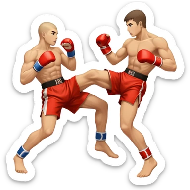 An icon showcasing a kickboxer in action, using precise techniques with both feet and elbows. One fighter delivers a powerful kick to the opponent's legs, while the other counters with an elbow strike. The background features a ring and a dynamic atmosphere. Transparent background  sticker