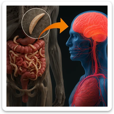 Hyperrealistic 4K anatomical section of human body with intestine infested by parasites. Enlarged detailed view of a parasite. Clinical atmosphere with an arrow connecting the intestine and brain, referencing diseases and tumors. sticker