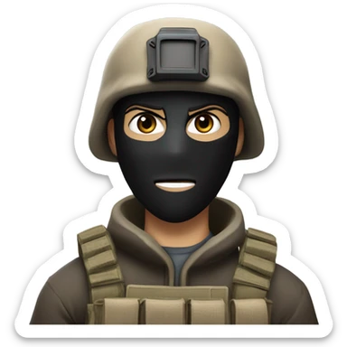 White male, call of duty black mask, camo tactical gear, tan combat boots, black beanie, blue eyes sticker