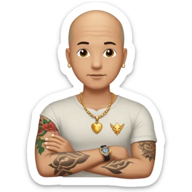 a bald man wearing necklace, having tattoo sticker