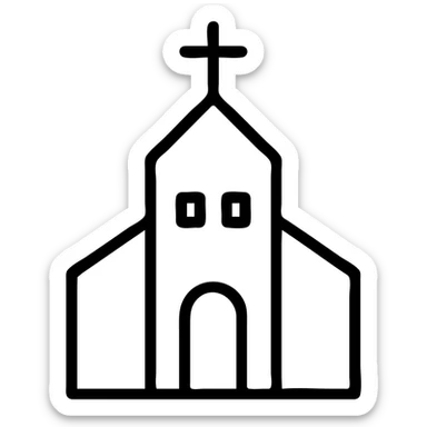outlined icon of a church with a cross on top, minimal lines, no fill sticker