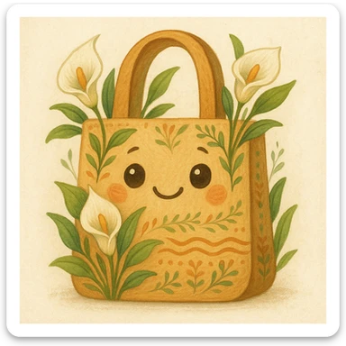 mascota para proyecto productivo bolso artesanal decorado con lirios de agua, ojos grandes y sonrisa, estilo amigable y representativo de emprendimiento artesanal sticker