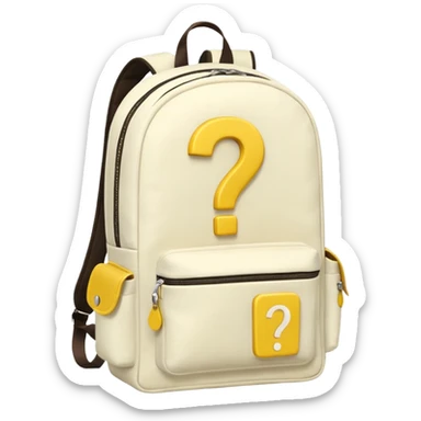 White backpack with yellow questions mark boxes stuffed in it sticker