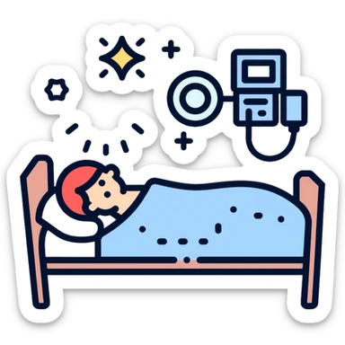 Sleep laboratory icon with bed, brain wave monitor, and sleep measurement equipment sticker