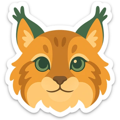 A cute and soft lynx face with big, expressive eyes, designed in a warm and magical color palette: golden orange (FA9B41), forest green (4A7C5C), muted taupe brown (96775A), and pastel peach (FFCC9A). The lynx’s fur is fluffy and soft, with a mix of warm browns and golden highlights. Its ears are tipped with tufts of fur in greenish tones, and its cheeks are gently rounded with subtle peach accents. The eyes are bright and curious, surrounded by soft fur in the warm color palette. The overall look is adorable, serene, and enchanting, evoking a gentle, woodland atmosphere. sticker