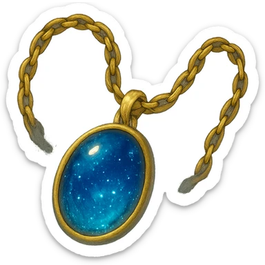 gold chain floating in midair with a deep blue starry stone, glowing faintly, shimmering like liquid gold, mystical aura sticker