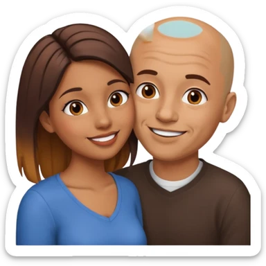 smiling brown girl with two-tone hair kissing brown bald man sticker