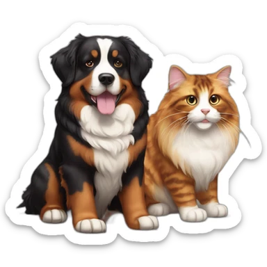 A Bernese dog next to A tortoiseshell cat without white sticker