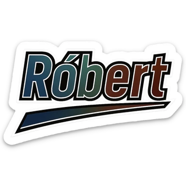 Text image of the name 'Róbert' in a masculine, modern, gradient font with precise Hungarian characters, dark contour, extra thick, prominent white border as in sample images, dynamic slanted underline, masculine color shades (blue, gray, burgundy, green, brown), 1000x1000 px, PNG, transparent background. sticker