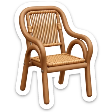 A 3D cartoon wooden chair with woven rattan seat, clean composition, bright background, Memoji-style rendering. sticker