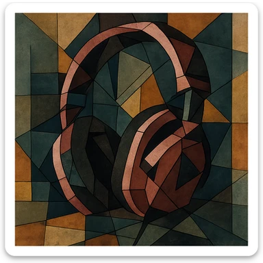 pink gothic headphones with fragmented shapes and dark accents in cubist abstraction style sticker