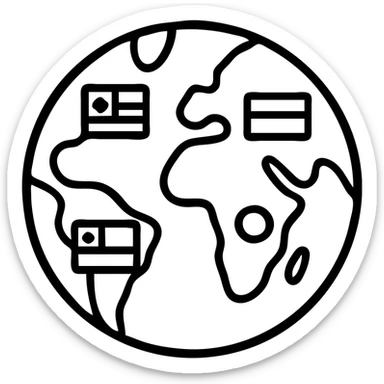 Outlined world globe with different national flags marked on the continents sticker