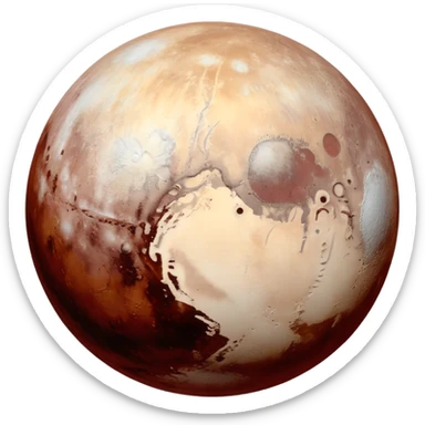 Pluto as a planet emoji, apple emoji style, mix of reddish-brown, white, and gray hues, large bright icy region like Sputnik Planitia, contrasting darker red-toned areas rich in tholins, simple and round, no text sticker