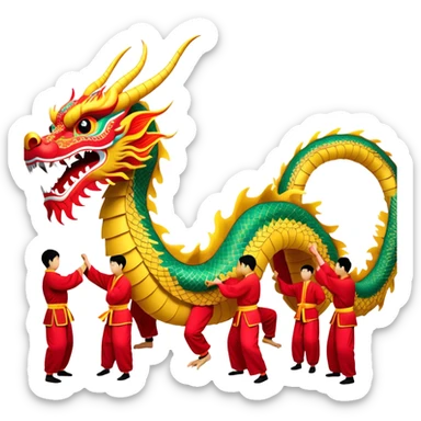 Cinematic Realistic scene of a traditional Chinese Dragon Dance featuring a team of performers skillfully manipulating a colossal, flexible dragon puppet, its intricately detailed, vibrant scales and flowing, embroidered fabric catching the light, set against a festive backdrop of red lanterns and dynamic red-tinged lighting that accentuates the majestic presence of the dragon puppet. sticker