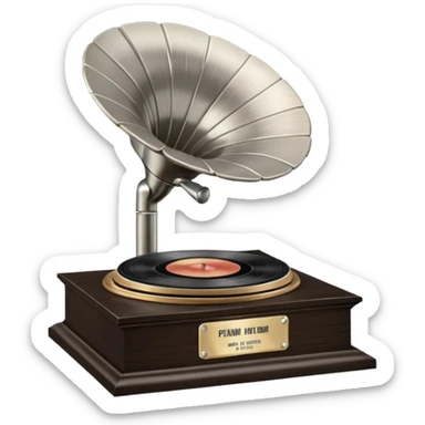 A platinum music award plaque: a square, polished platinum plate with a subtly textured, mirror-like finish, mounted on a simple dark wood base. The center features a relief of a vintage gramophone or stylized vinyl record in a slightly darker metallic tone.  sticker