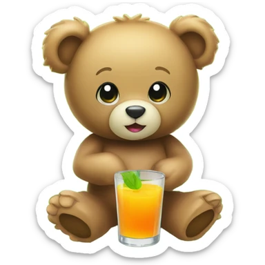 A Teddy bear holding a glass of juice sitting on a patch of green grass sticker