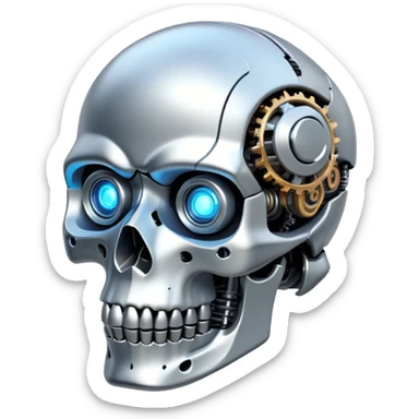 robotic skull with mechanical details and glowing eyes sticker