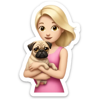 Blonde girl in a pink dress holding a pug sticker