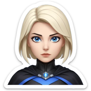 dark sci-fi villain female portrait, head and shoulders only, black armor, cape collar, intense eyes, sharp confident expression, subtle futuristic makeup, dramatic lighting, 3D cartoon, mobile game icon style, clean background, no text, no watermark
 sticker
