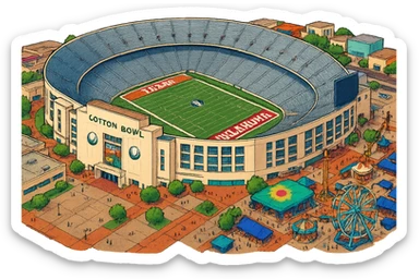 Изометричная, яркая, детализированная и фотореалистичная иллюстрация стадиона Cotton Bowl в стиле 3D-коллажей городов, насыщенные цвета, аккуратные и чёткие линии, мультяшно-реалистичная стилистика. Чёткие контуры, не размазанные линии, высокое качество, проверить написание букв, прозрачный фон, не обрезать края стадиона. sticker