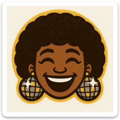 Create a 1970s disco emoji of just the head of a female African American, inspired by the references, using only gold, silver, black, and white. Show a laughing expression, afro hairstyle, and sparkling disco earrings in these colors, in a vibrant pop colors style. sticker