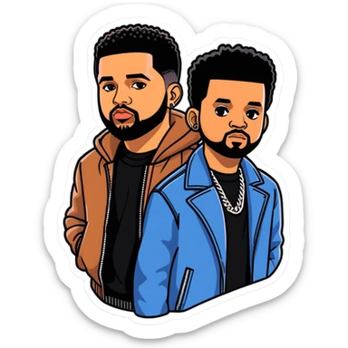 Toronto celebrities and musicians drake and the weeknd, illustration, sticker. must be ultra hyperrealistic, and mirco-detailed, 3D sticker design
 Must be 8k hd, 8000x8000px resolution. Must use very thin transparent smooth lines sticker